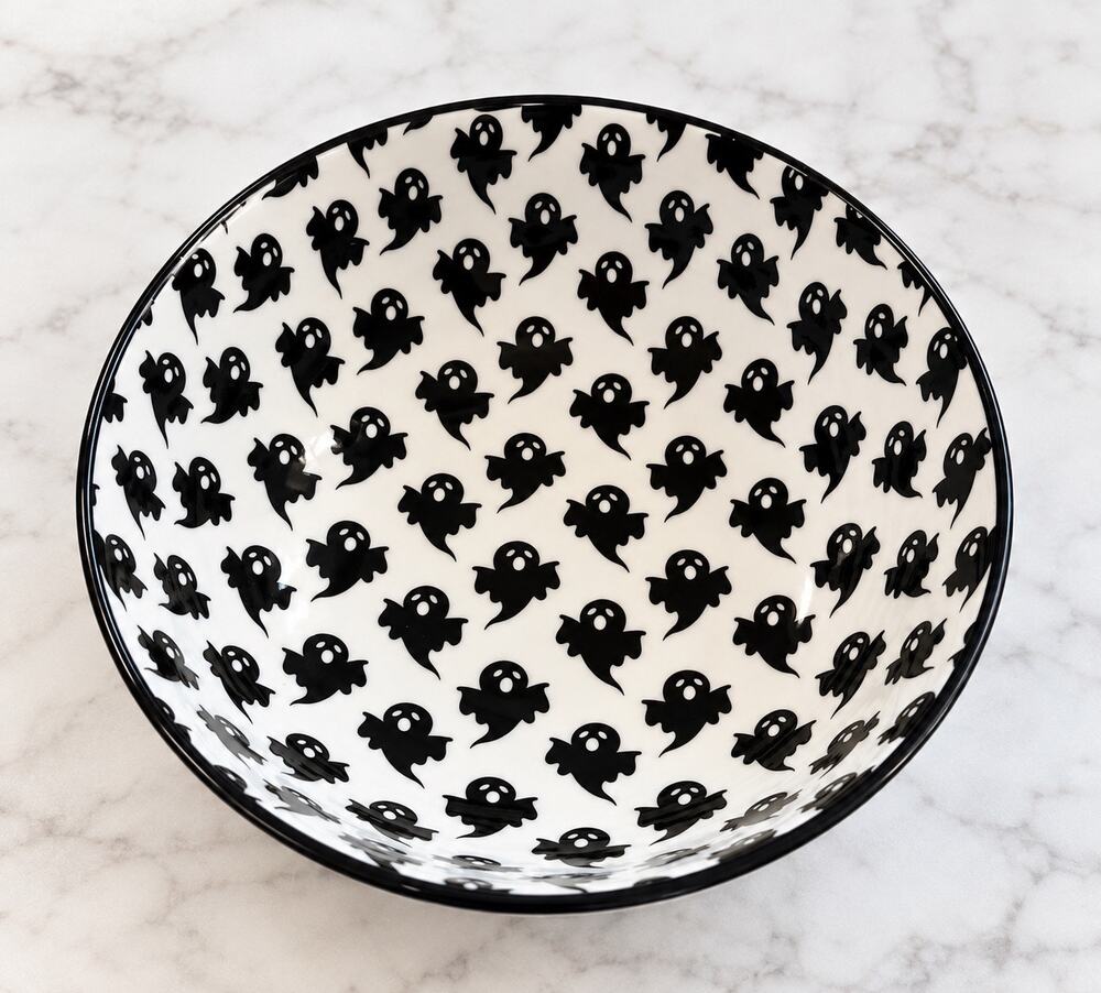 Coco + Lola Halloween Ghost Ceramic Bowl Black & White Spooky Decor 8”
